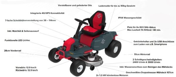 Cramer 82LT107 Aufsitzmäher inkl. 4x Akku und 3 Seitenkipper TR100 – Bild 7